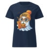 BOO! Ghost with Pumpkin & Coffee T-Shirt | Women’s Halloween Softstyle Tee – navy front
