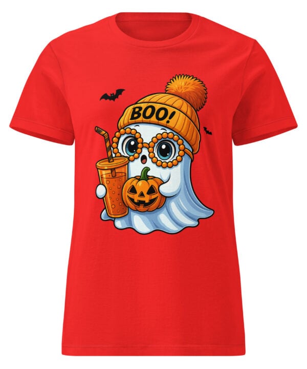 BOO! Ghost with Pumpkin & Coffee T-Shirt | Women’s Halloween Softstyle Tee – red front
