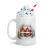 Cozy Red House Winter Mug | Snowy Christmas Cottage Coffee Cup – red white handle left