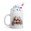 Cozy Red House Winter Mug | Snowy Christmas Cottage Coffee Cup – red white handle left