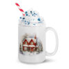 Cozy Red House Winter Mug | Snowy Christmas Cottage Coffee Cup – red white handle right