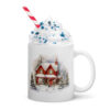 Cozy Red House Winter Mug | Snowy Christmas Cottage Coffee Cup – red white handle right