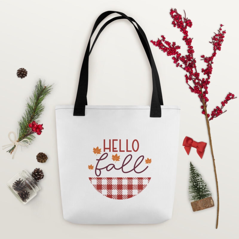 Hello Fall Autumn Plaid Tote Bag – black