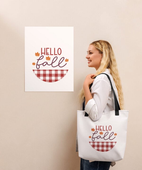 Hello Fall Autumn Plaid Tote Bag – black front