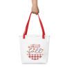 Hello Fall Autumn Plaid Tote Bag – red front
