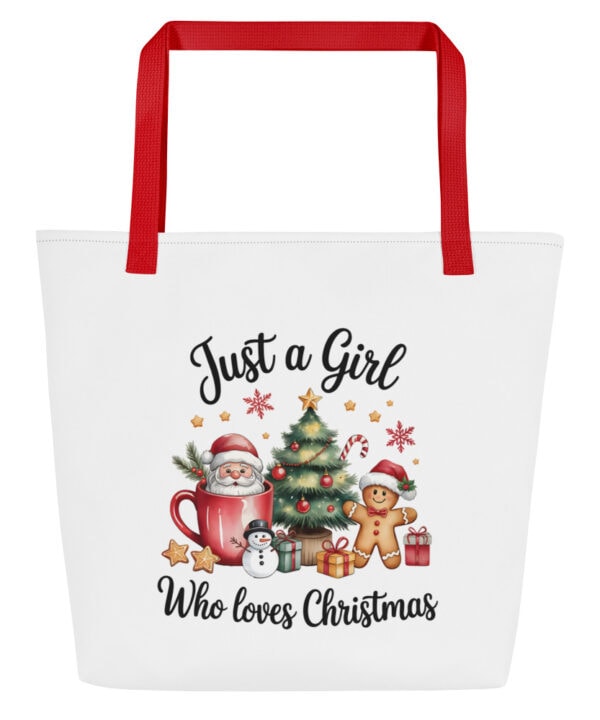 Just a Girl Who Loves Christmas Tote Bag | ’Tis the Season to Be Jolly – red front