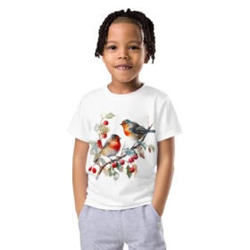 Kids Winter Birds T-Shirt | Red Robins & Berries Tee