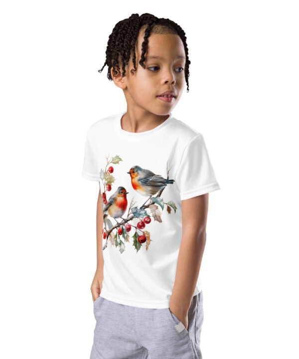 Kids Winter Birds T-Shirt | Red Robins & Berries Tee – red white left front