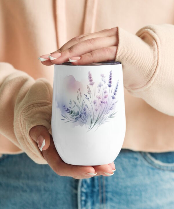 Lilac Watercolor Wine Tumbler | Elegant Floral Stainless Cup – white left