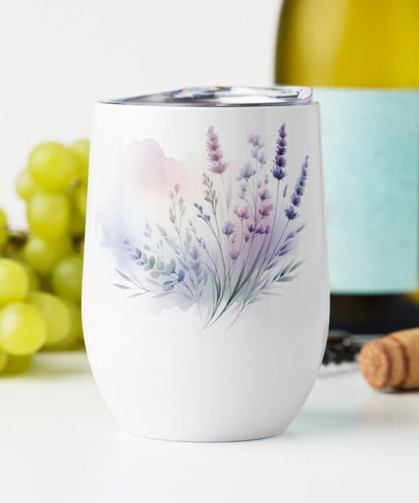 Lilac Watercolor Wine Tumbler | Elegant Floral Stainless Cup – white left