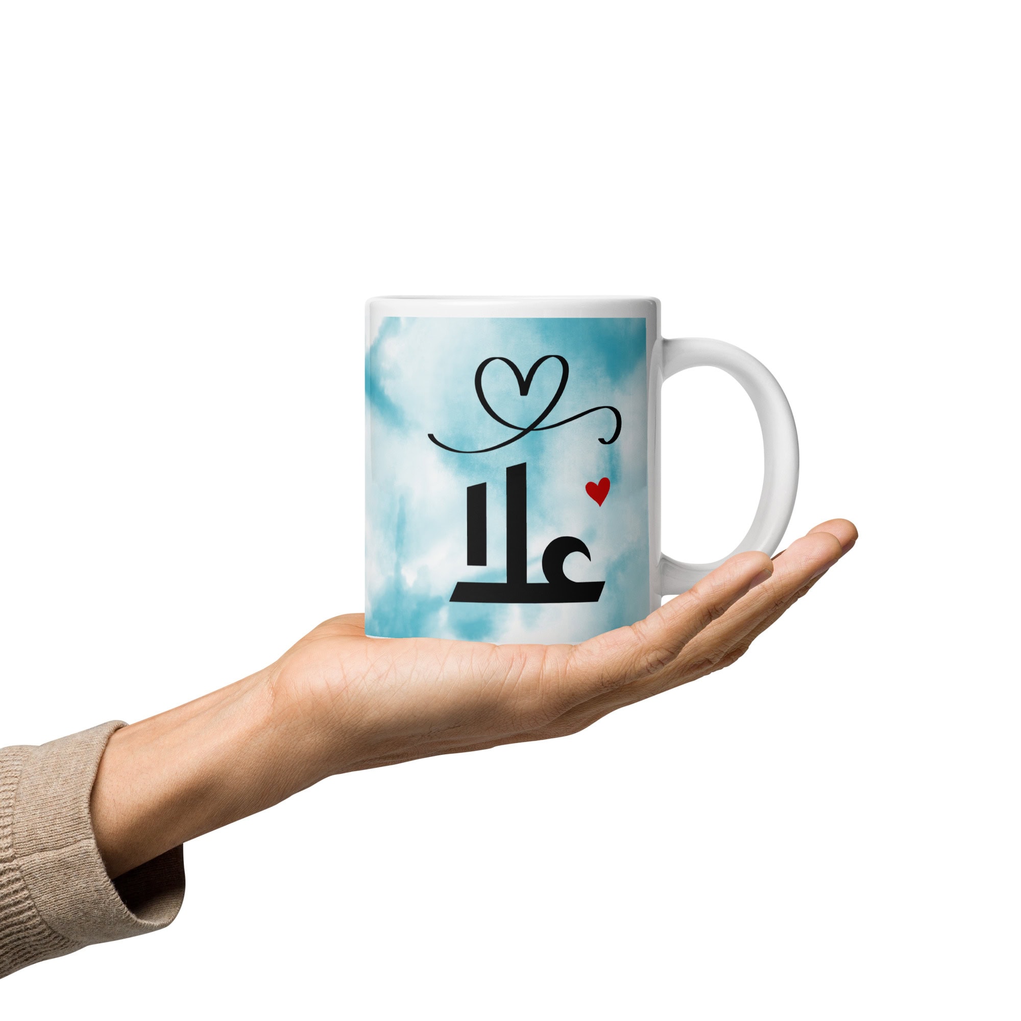 Ola Mug – Arabic Calligraphy with Heart | Elevated & Graceful Gift – white handle right