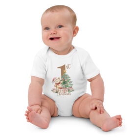 Baby’s First Christmas Organic Cotton Bodysuit | Cute Teddy & Tree Design