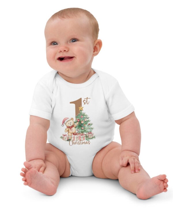 Baby’s First Christmas organic cotton bodysuit with teddy and tree design