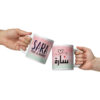 Two personalized gradient pink-to-mint mugs clink, featuring Saras name
