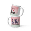 Stacked personalized coffee mugs with pink and green watercolor design
