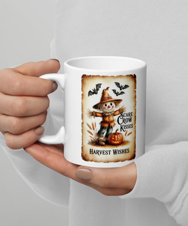 Scarecrow Harvest Wishes | Retro Halloween Mug – white handle left