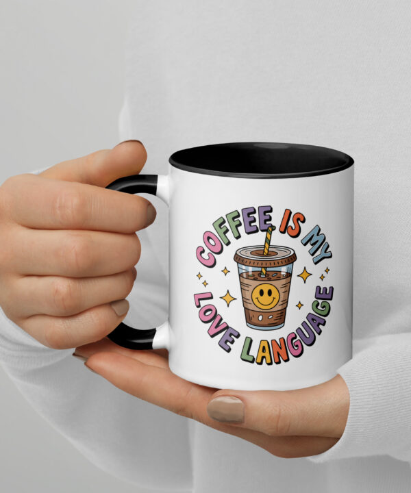 Coffee Is My Love Language mug with yellow handle and iced coffee design
