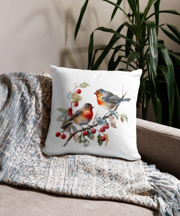 Winter Birds Decorative Pillow | Red Robins & Berries Accent Cushion – red front