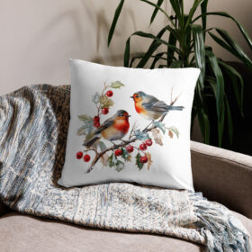Winter Birds Decorative Pillow | Red Robins & Berries Accent Cushion