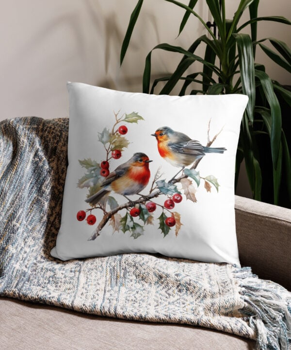 Winter Birds Decorative Pillow | Red Robins & Berries Accent Cushion – red front