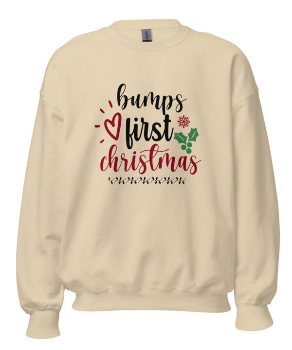 Beige maternity Bumps First Christmas sweatshirt mockup with festive print.