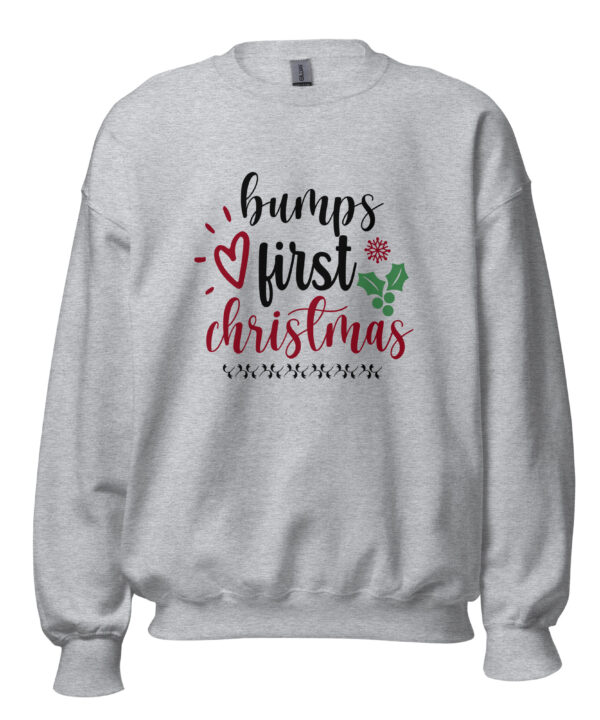 Heather gray maternity Bumps First Christmas holiday sweatshirt.