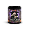 Feelin Witchy black glossy mug with witch and pumpkin Halloween design