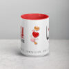 Red interior white coffee mug with hearts and custom text.
