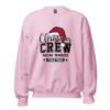 Light pink Christmas Crew sweatshirt with Santa hat graphic.