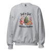 Light gray Christmas graphic sweatshirt with Santa, snowman, and gingerbread man.
