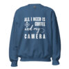 Coffee and My Camera Sweatshirt | Creative Caffeine Vibes – indigo blue front