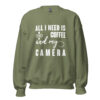 Coffee and My Camera Sweatshirt | Creative Caffeine Vibes – green front