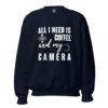 Coffee and My Camera Sweatshirt | Creative Caffeine Vibes – navy front