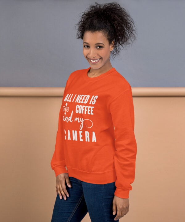 Coffee and My Camera Sweatshirt | Creative Caffeine Vibes – orange left