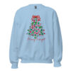 Light blue Merry & Bright floral Christmas tree graphic sweatshirt mockup.