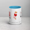 Personalized Gina coffee mug with blue interior and heart designs.
