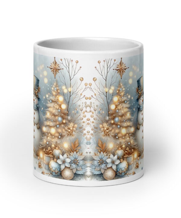 Golden Snowman Christmas Mug | Elegant Winter Holiday Cup – white front