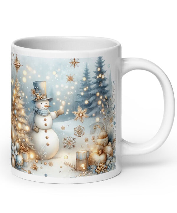 Golden Snowman Christmas Mug | Elegant Winter Holiday Cup – white handle right