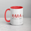 Red-accented HANA PEACE & JOY ceramic coffee mug.
