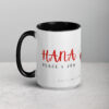 Red script HANA two-tone ceramic coffee mug with black handle.