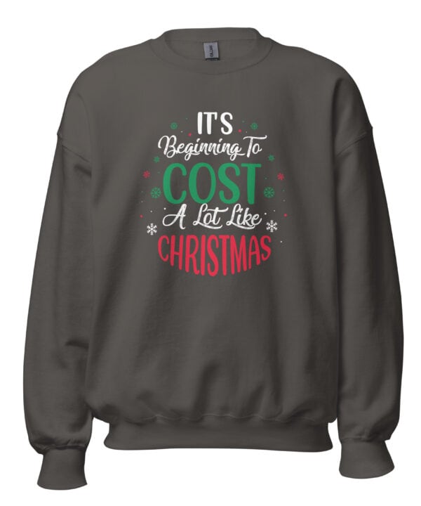 It’s Beginning to Cost a Lot Like Christmas Sweatshirt | Funny Holiday DTFlex Print – charcoal front