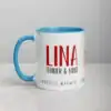 Personalized Lina coffee mug with blue accents and warm text.