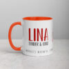 Personalized white coffee mug with orange interior, featuring LINA TENDER & KIND text.