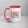 Personalized red and white Lina coffee mug with kind text.