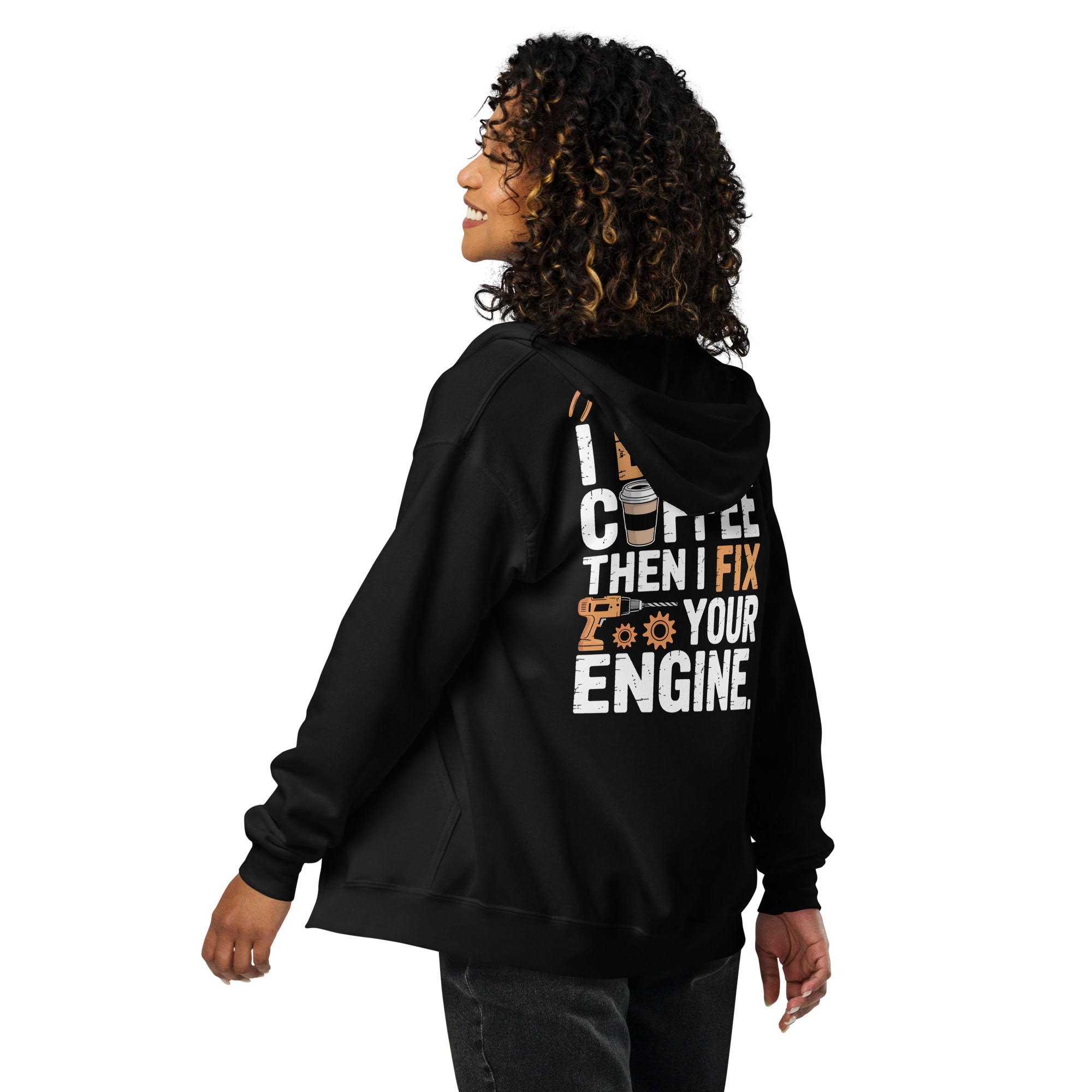 Mechanic Coffee Hoodie | First I Drink Coffee Then I Fix Your Engine – black back