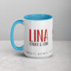 Personalized white mug with LINA in red, blue interior.