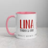 Personalized pink-interior coffee mug with LINA text.