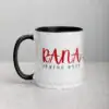 White Rana coffee mug with red script text on a gray background.