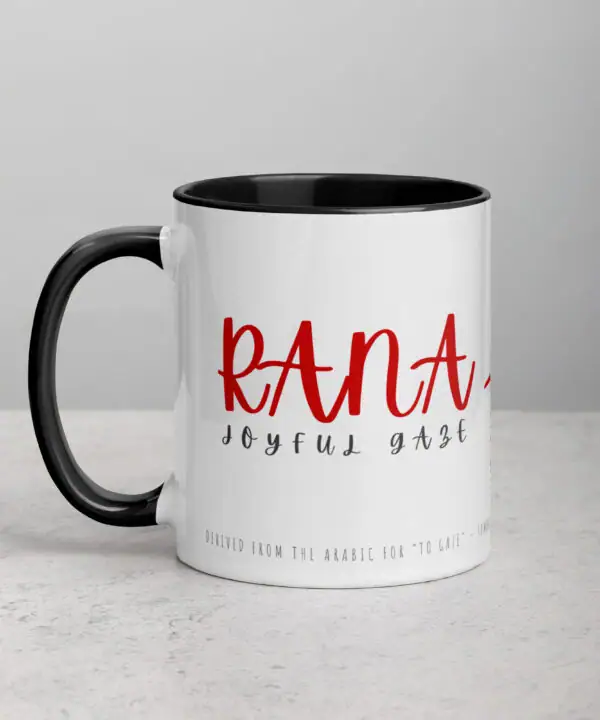 White Rana coffee mug with red script text on a gray background.