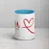 White and blue Rana heart coffee mug with red graphic.
